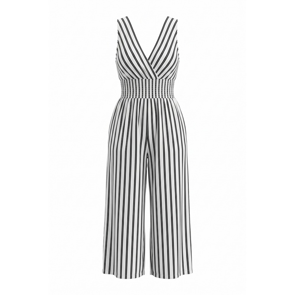 Illa‎ Illa Womens Striped Wide Leg Jumpsuit S Black White Smocked Waist V-Neck